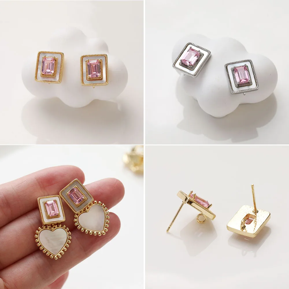 

2PCS 14K Gold Plated Rectangular Ear Stud Inlaid Pink Zircon Shell Earrings DIY Making Supplies Material Accessories