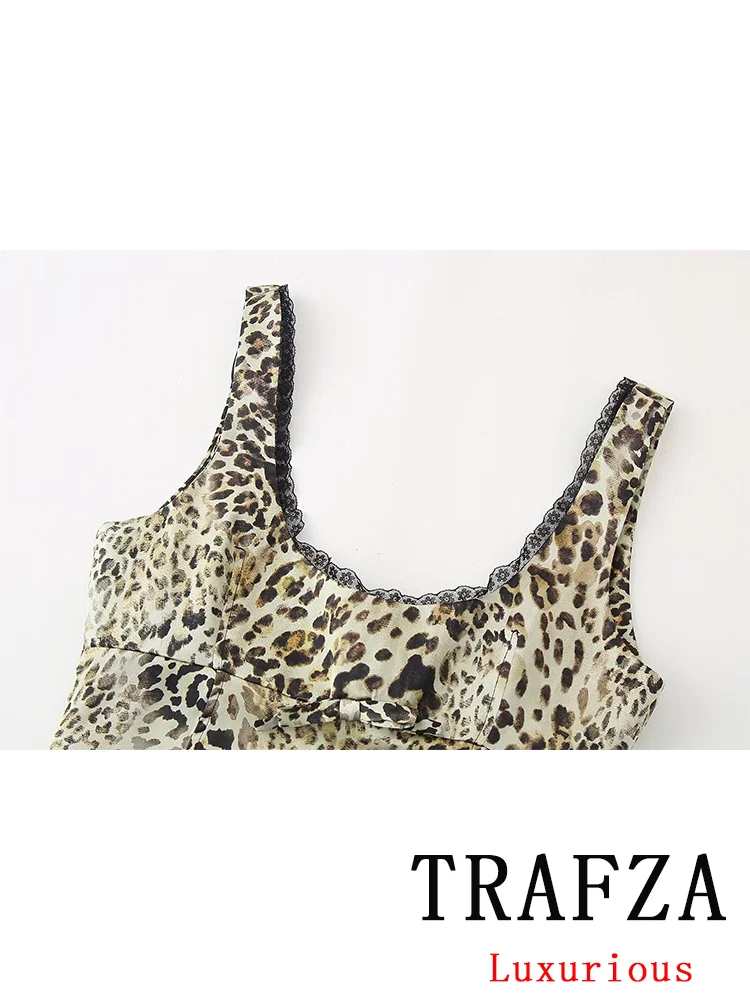 TRAFZA Vintage Casual Chic Leopard Print Women Suit Sleeveless Bow Cami Top Loose Long Zipper Pants New Fashion 2024 summer Sets