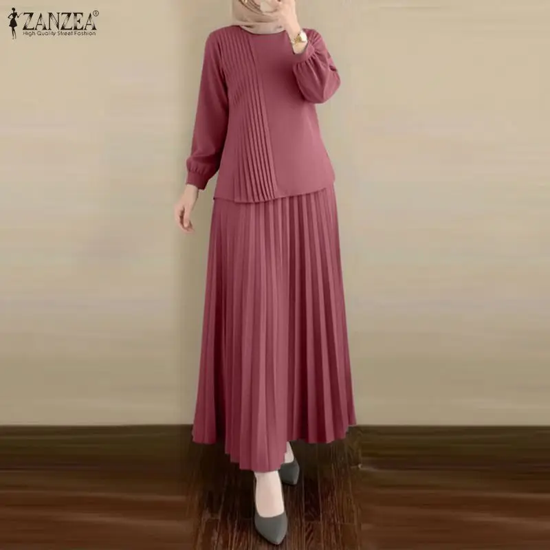 2026 ZANZEA Elegant Muslim 2 Pieces Sets Dubai Hijab Tracksuit Summer Women Long Sleeve Tops Dress Suit Ramadan Outfits Oversize