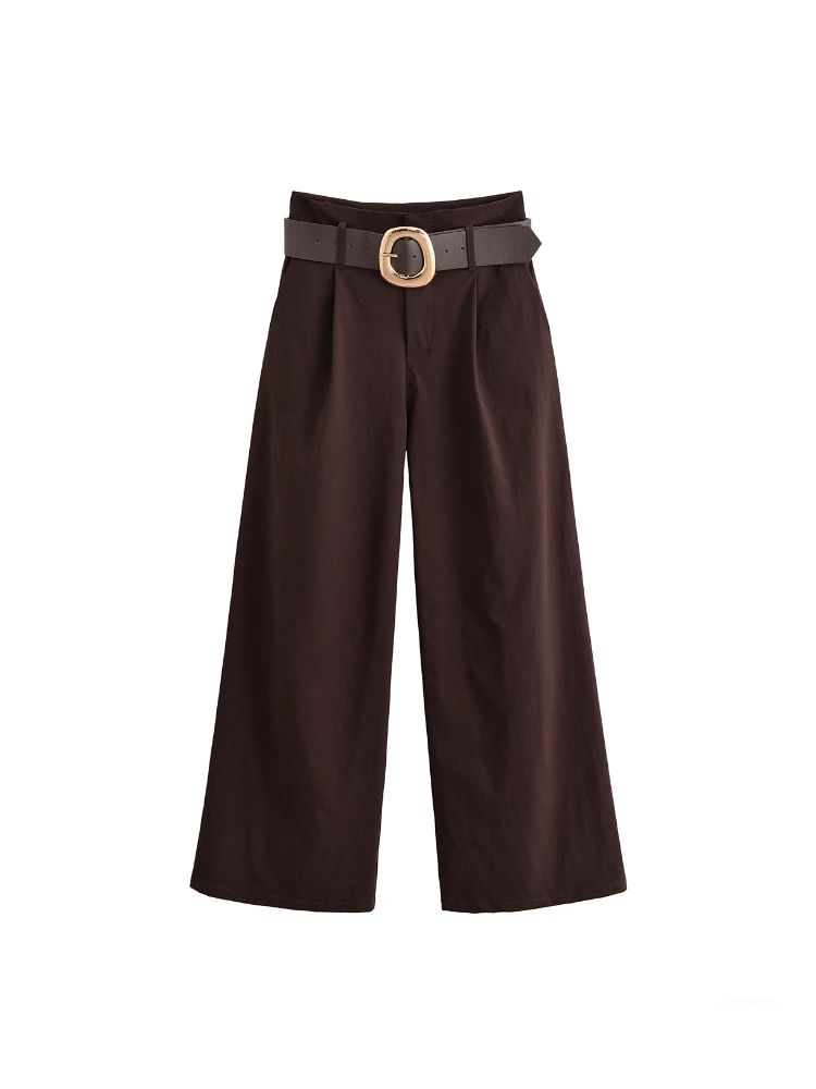 بنطلون نسائي واسع الساق عالي الخصر كاجوال مع جيوب حزام وإغلاق أمامي بسحاب، نمط خريفي جديد، بنطلون واسع الساق فضفاض