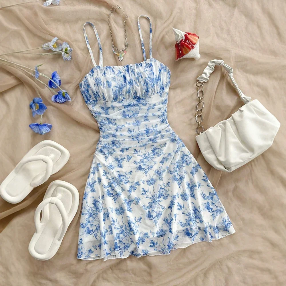 CPSYMYM Abiti estivi casual con stampa floreale senza maniche con scollo quadrato pieghe mini abiti cami giornalieri per le donne