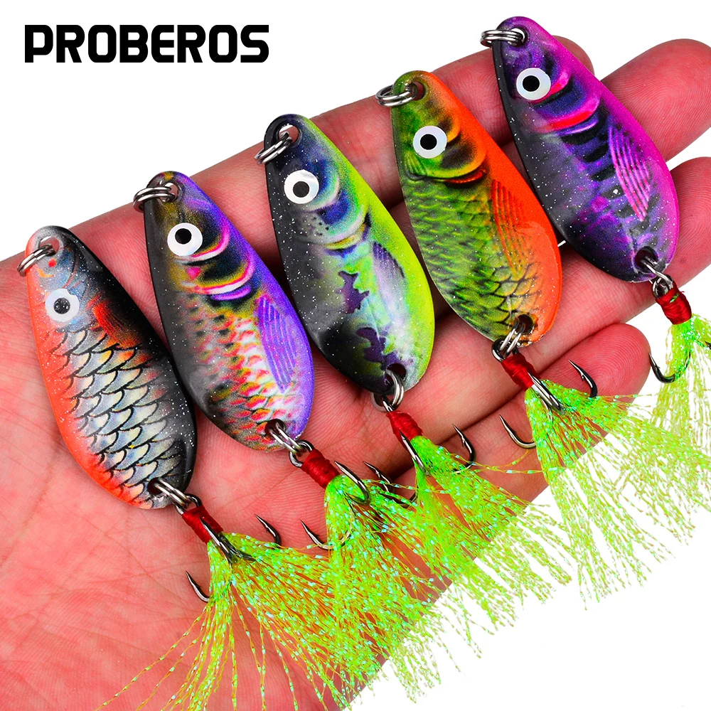 PROBEROS Metal VIB Spinners Spoon Lures   Hard Artificial Bait with Feather Hook Sequin Wobbler Fishing Tackle