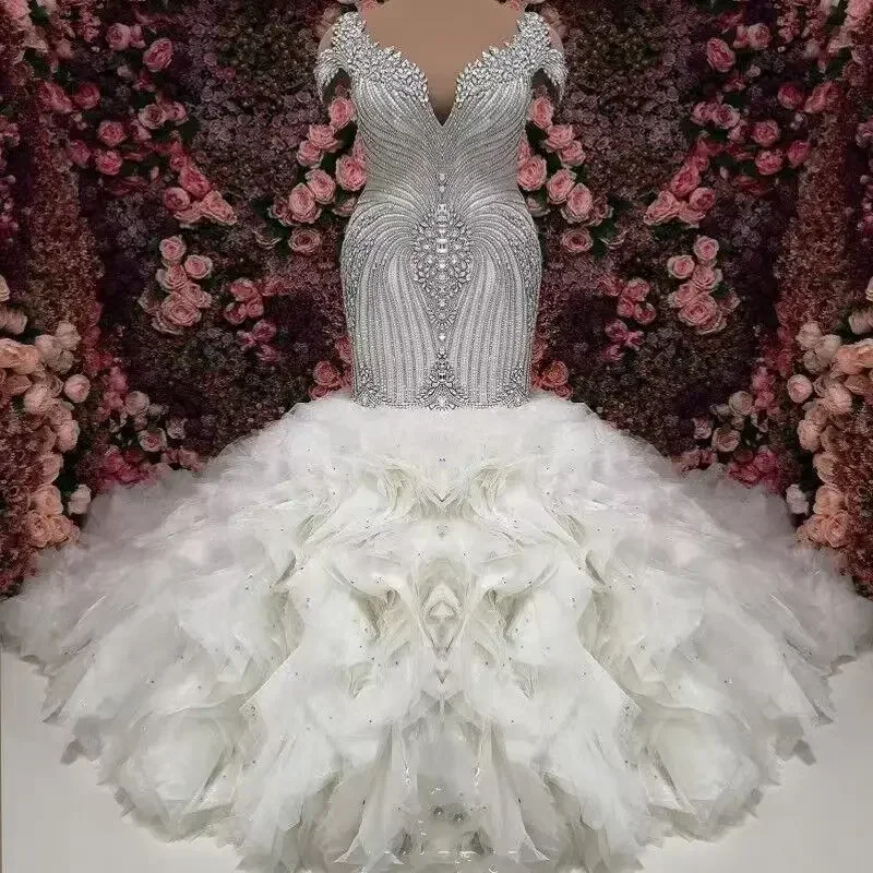 Customized Crystals Beaded Wedding Dresses Mermaid Bridal Gowns Tulle Ruffles Long Train Wedding Vestidos Custom Made