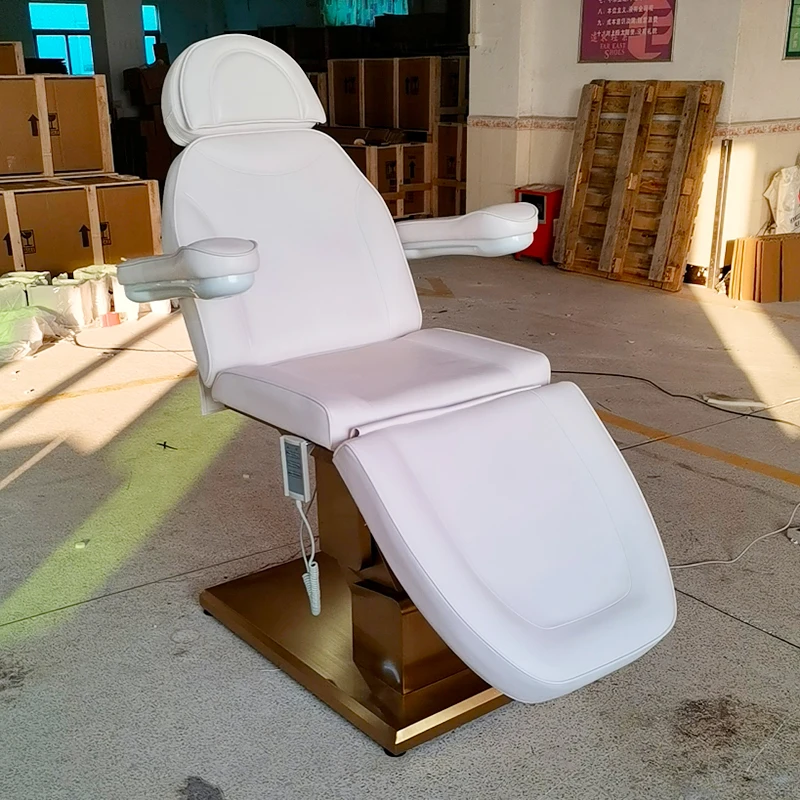 New Arrival Gold Stainless Steel Base 3 Motor Massage Eyelash Table Modern White Leather Aesthetic Facial Bed For Sale
