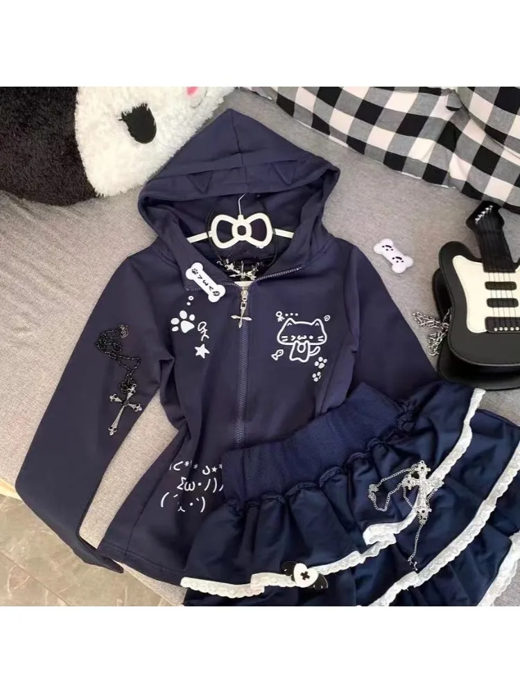 HOUZHOU Gray Cartoon Print Kawaii Women Hoodies Cutecore Japanese Style Long Sleeve Zipper Sweatshirt Slim Cat Ear Preppy Autumn
