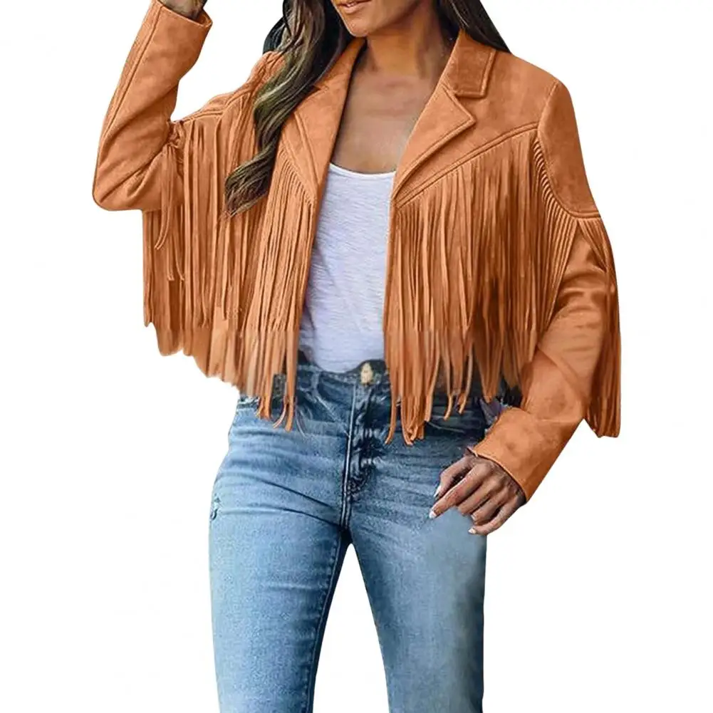 2026 Women Coat Turn-down Collar Long Fringe Solid Color Long Sleeves Cardigan Loose Short Type Hip Hop Streetwear Club Jacket