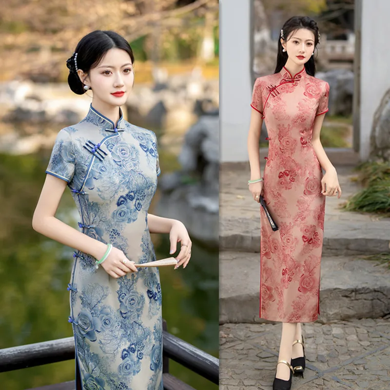 Old Shanghai Retro Chinese Style Bronzing Fragrant Cloud Yarn Long Short sleeved Qipao Spring/Summer Women's Cheongsam Dress