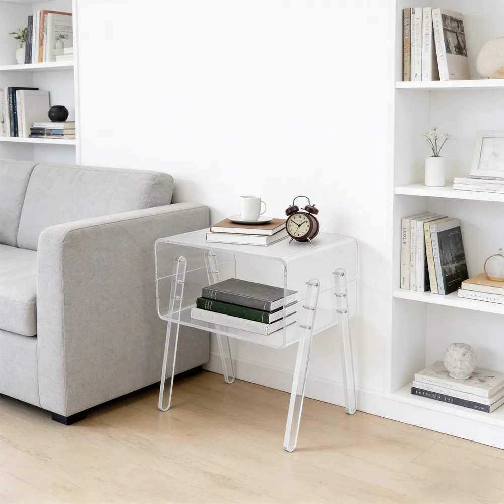 

2-Tier Clear Acrylic Side Table with Open Storage - 33Lbs Bearing, Pre-drilled Holes Easy Assembly,Modern Minimalist for Bedroom