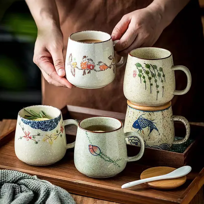 380ml Japanese Retro Style Coffee Mug With Handle Ceramic Breakfast Oats Milk Cups Home Teacup Water Mug With Lid And Spoon Gift