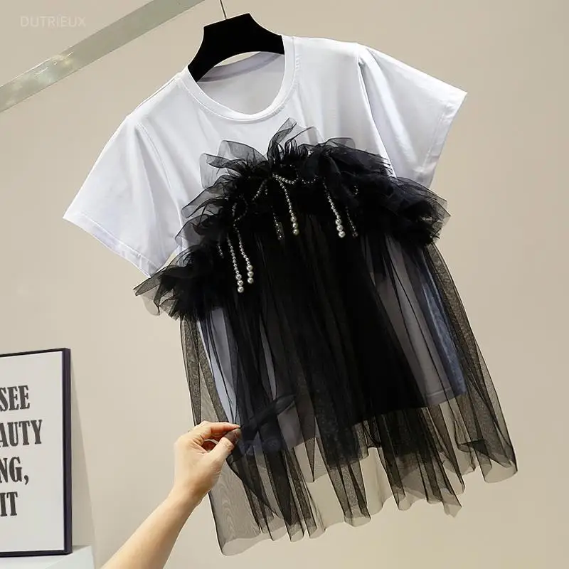 Women Clothing Summer T Shirts Short Sleeve O-neck Tees Fashion Fake Two Camisetas Patchwork Gauze Beading Ruffles Sweet Tshirt
