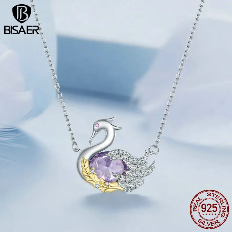 BISAER 925 Sterling Silver Swan Pendant Necklace Purple Zircon Adjustable Chain Plated Platinum for Woman Party Fine Jewelry