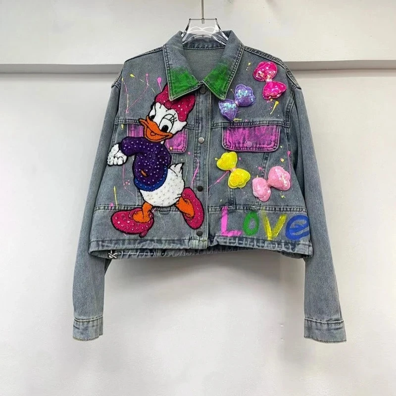 

2026 New Spring Women's Donald Duck Denim Jacket - Loose Embroidery Bead Embellished Graffiti Top, Sweet Korean Style Outerwear"