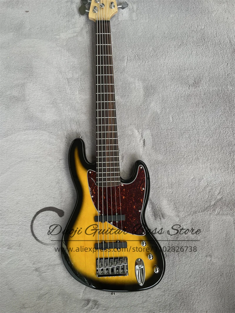 Factory 6 Strings Electric Bass Guitar Sunburst Bass Red Tortoise Shell Pickguard Maple Neck Customization