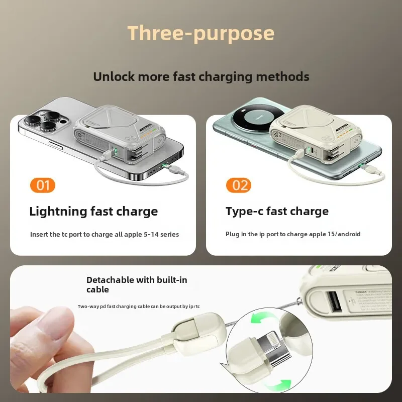 Magnetic Power Bank 20000mAh MagSafe Fast Charging Mobile Power Bank with Built-in Cable and Plug, Built-in Cable Fast Charging