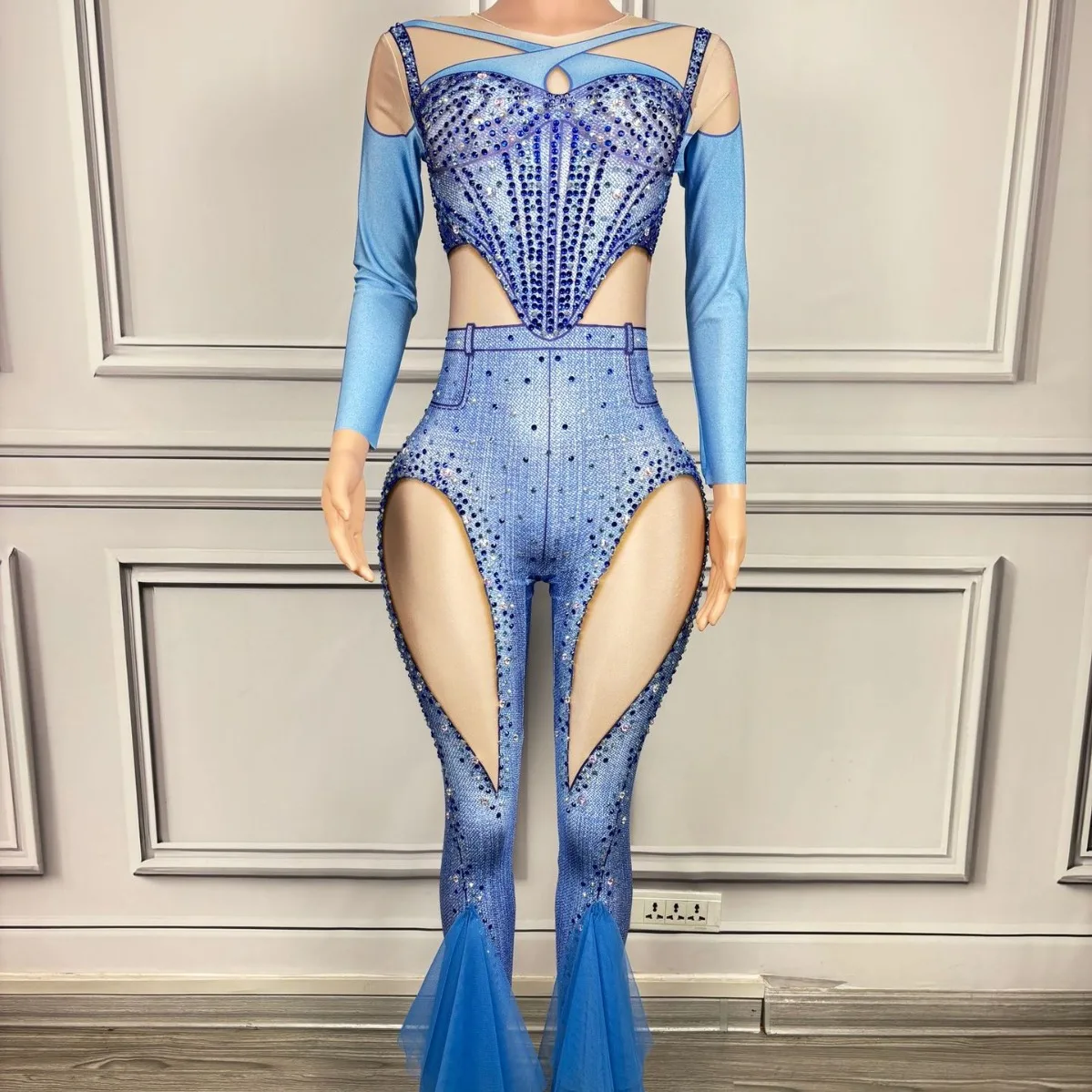 Full Diamond Mesh jumpsuit Nightclub Bar Female Singer Dance Team Female Troupe Sexy Stage Performance Clothing