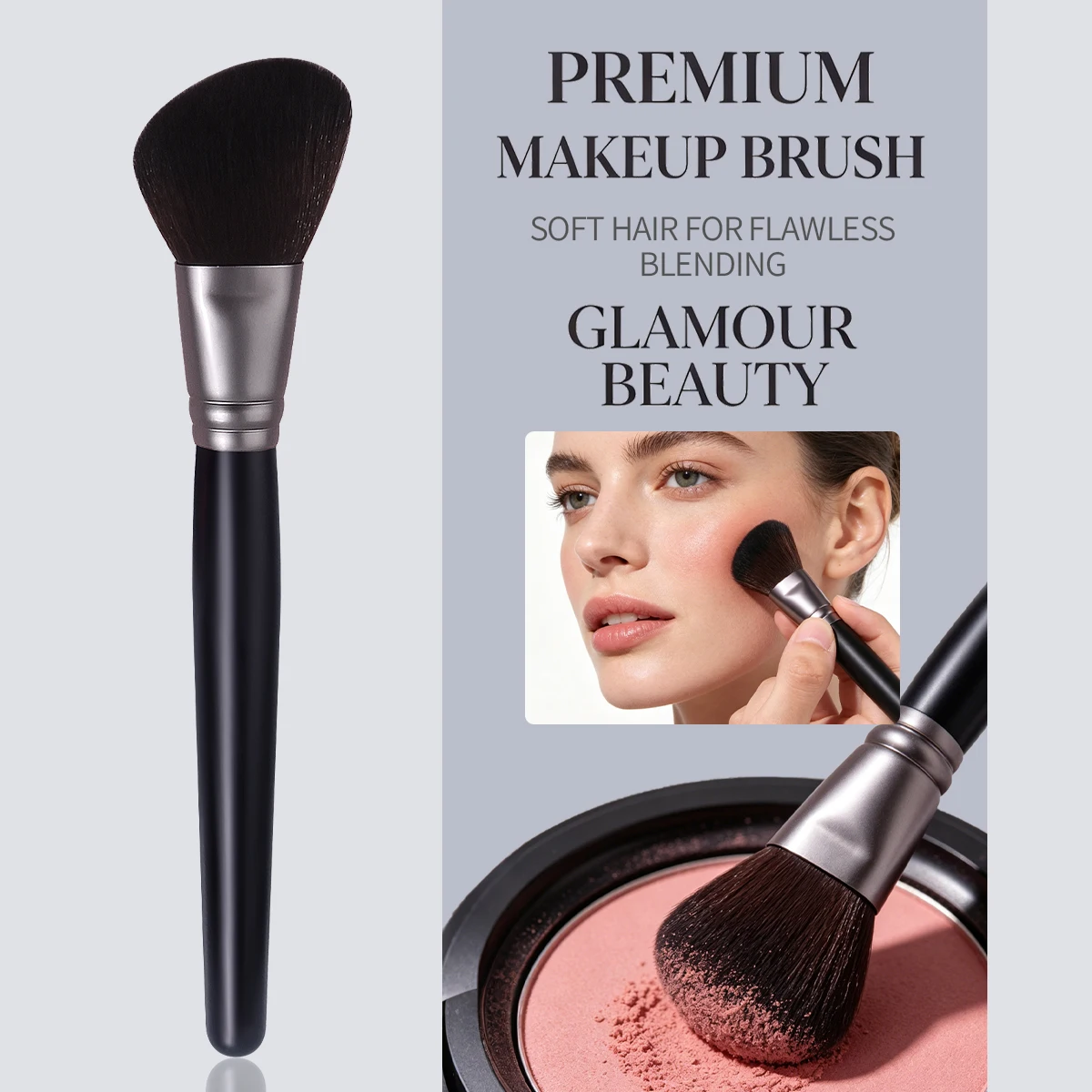 1PCS Professional Angled Blush Brush, Black Handle with Silver Ferrule, Soft Hair for Seamless Blending, Ideal for Blush