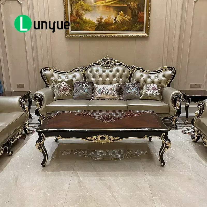 European Leather Sofa 123 Set French Neoclassical Luxury Solid Wood Carving Style Living Room Furniture Elegant