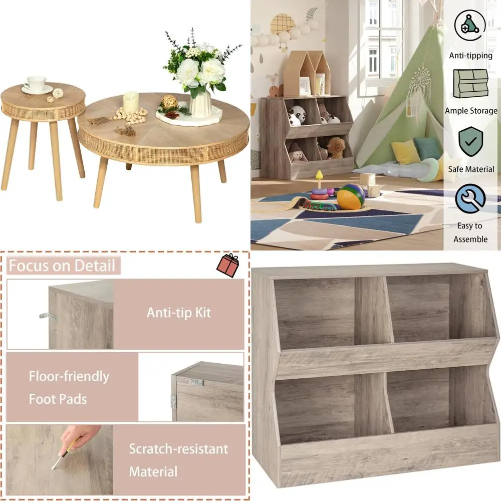 Rustic 2-Piece Farmhouse Coffee Table Set, Modern and Solid Wood with Rattan Side and End Tables