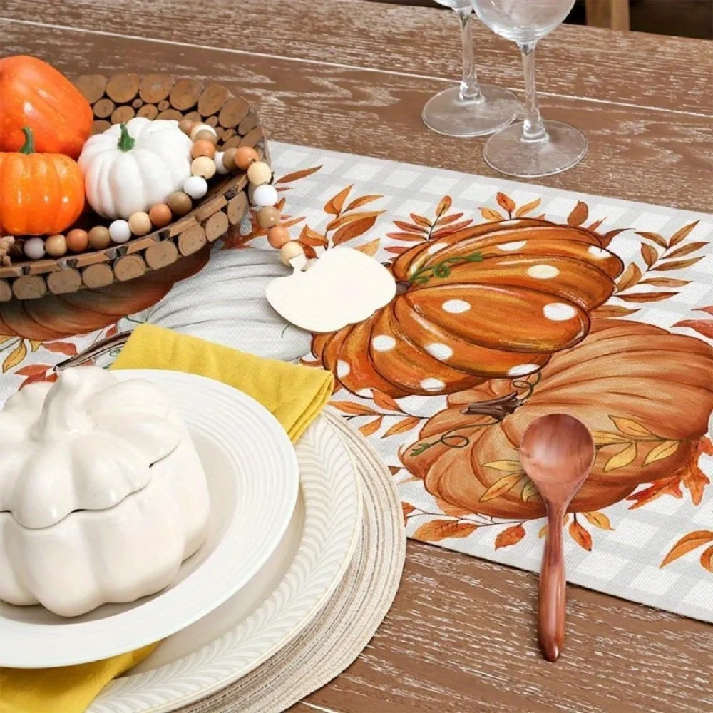 Herbstlicher Kürbis-Tischläufer mit Punktemuster, mit orangefarbenen Punkte-Kürbissen und Herbstblättern, geeignet für Restaurant, Picknick – Detail 4