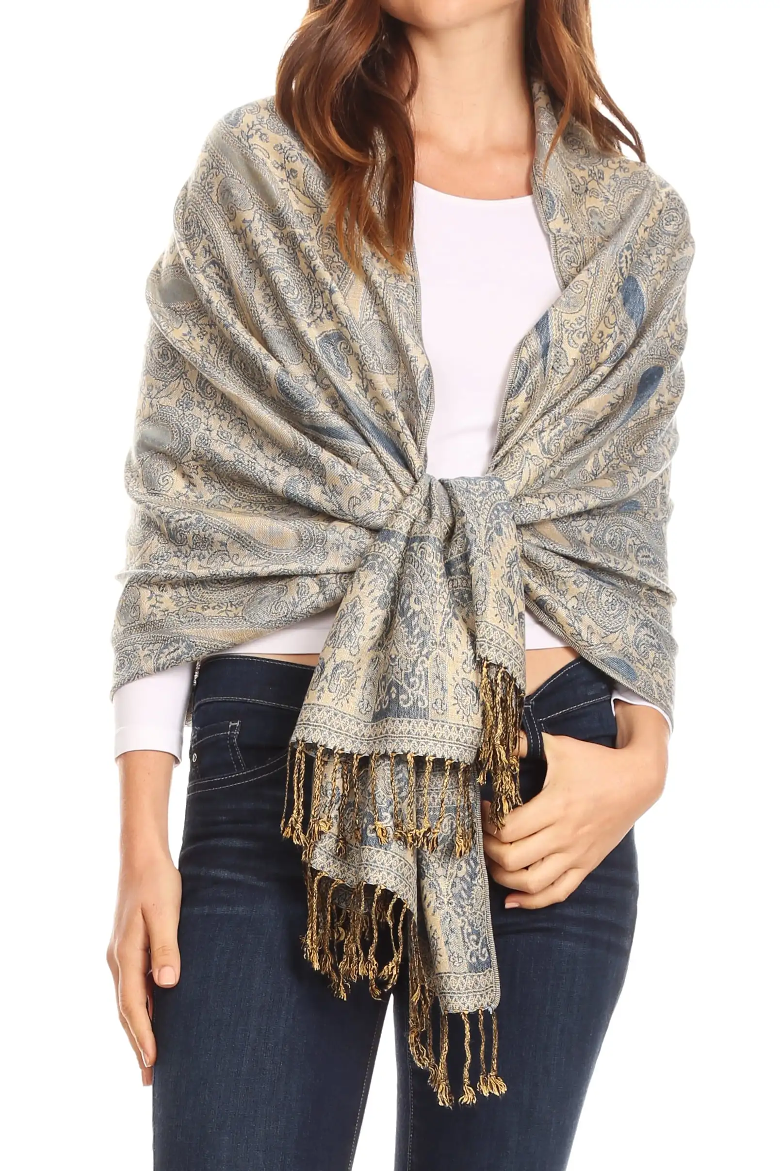 

Sakkas Kalin Long Wide Woven Patterned Fringe Tassel Pashmina Shawl / Scarf - Blue / Beige - One Size Regular
