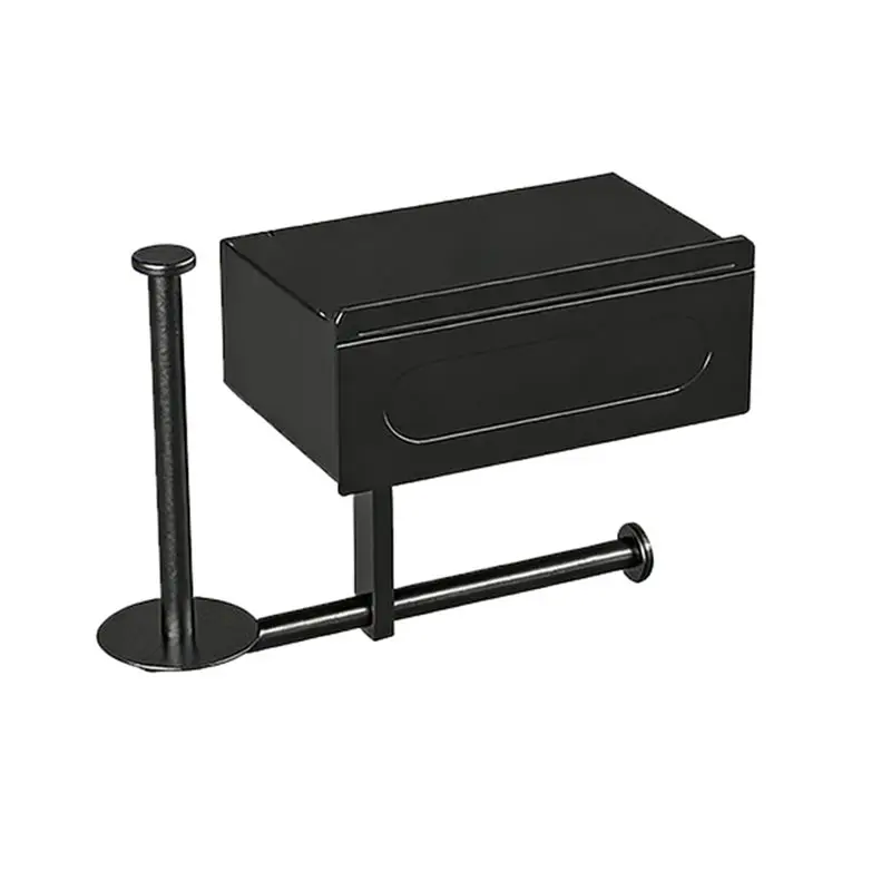 【ORNAMENT】No-Drill,Bathroom Organizer-1Pc Sleek Black Wall-Mounted Toilet Paper Holder With Shelf For Essential Storage