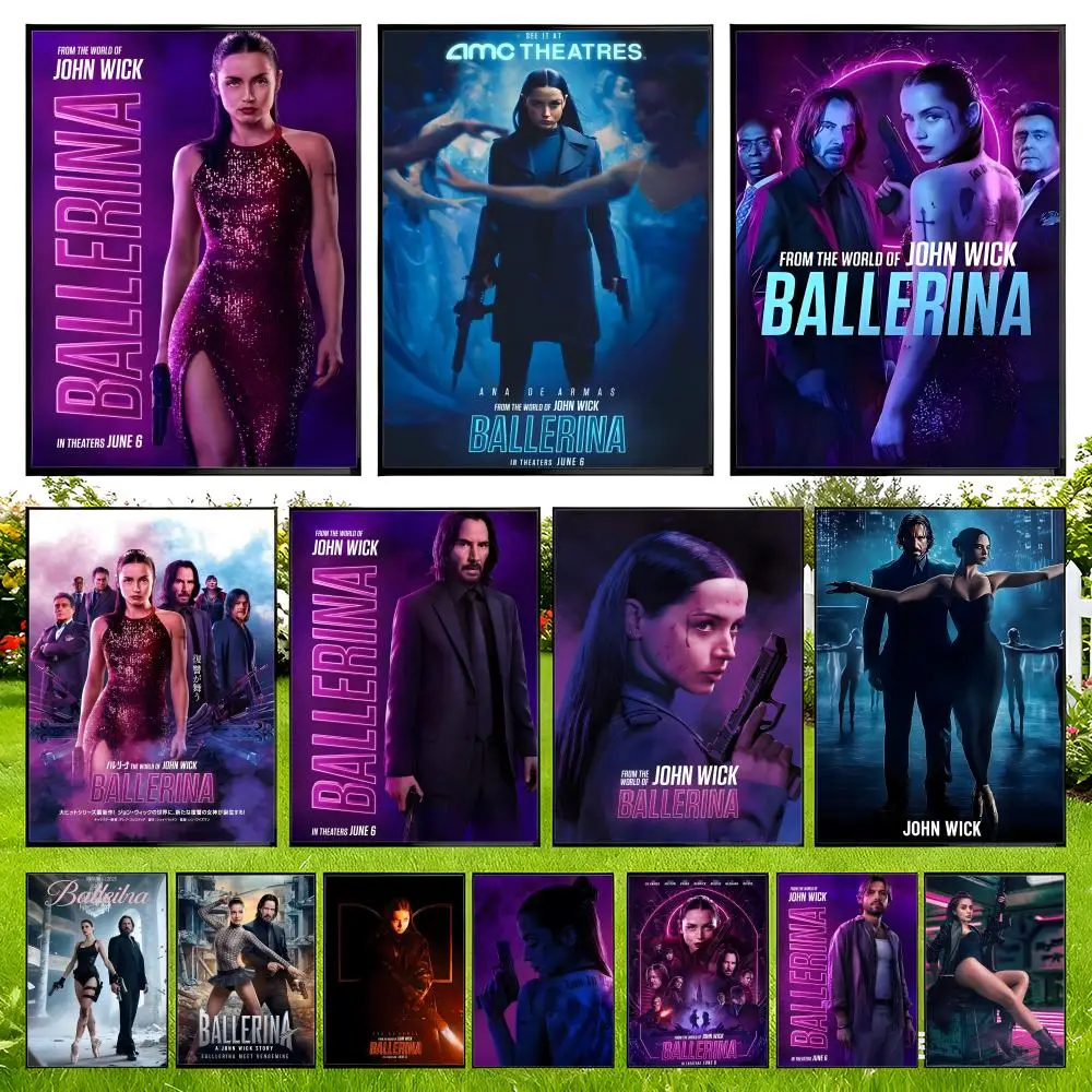 Póster de la película J-John W-Wick B-Ballerina, fácil de instalar, autoadhesivo, decoración de pared HD, impermeable, resistente a desgarros, para el hogar y el dormitorio