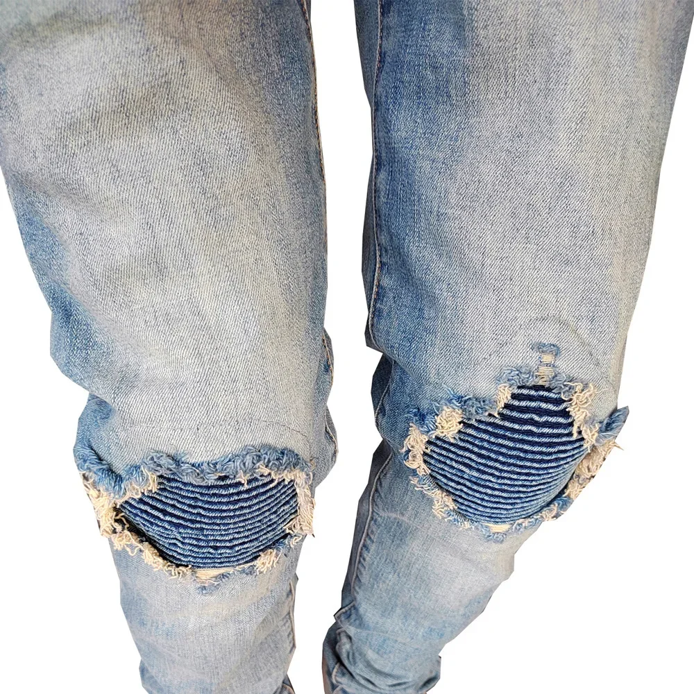 Männer Jeans Flash Distressed Bleistift hose Denim gespleißte Taschen High Street Slim Fit Mitte Taille Wasch reiß verschluss fliegen flach 2024