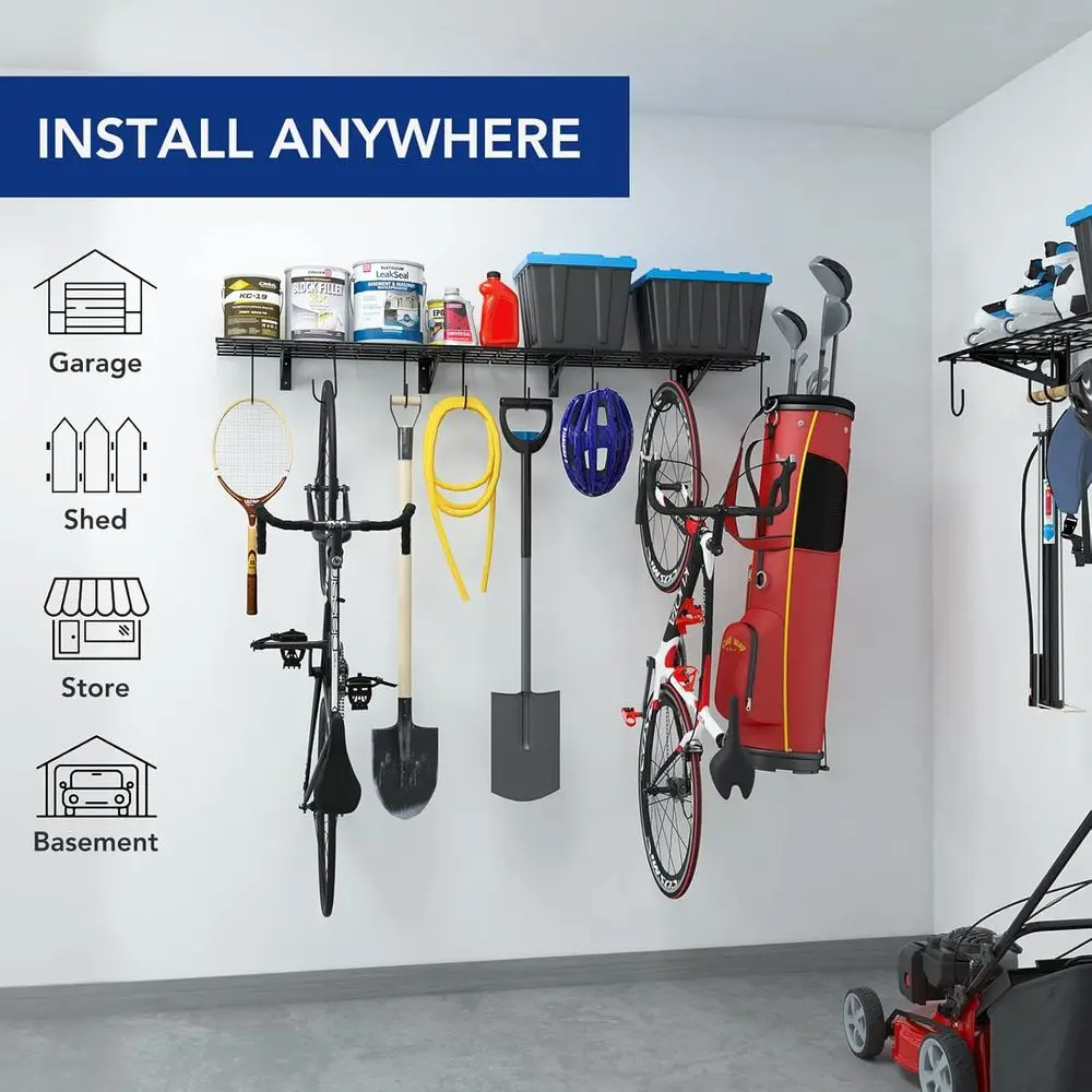 2-Pack 1x3 Garage Wall Shelving with 8 Bike Hooks, Black | Storage Rack System for Bikes and Organization