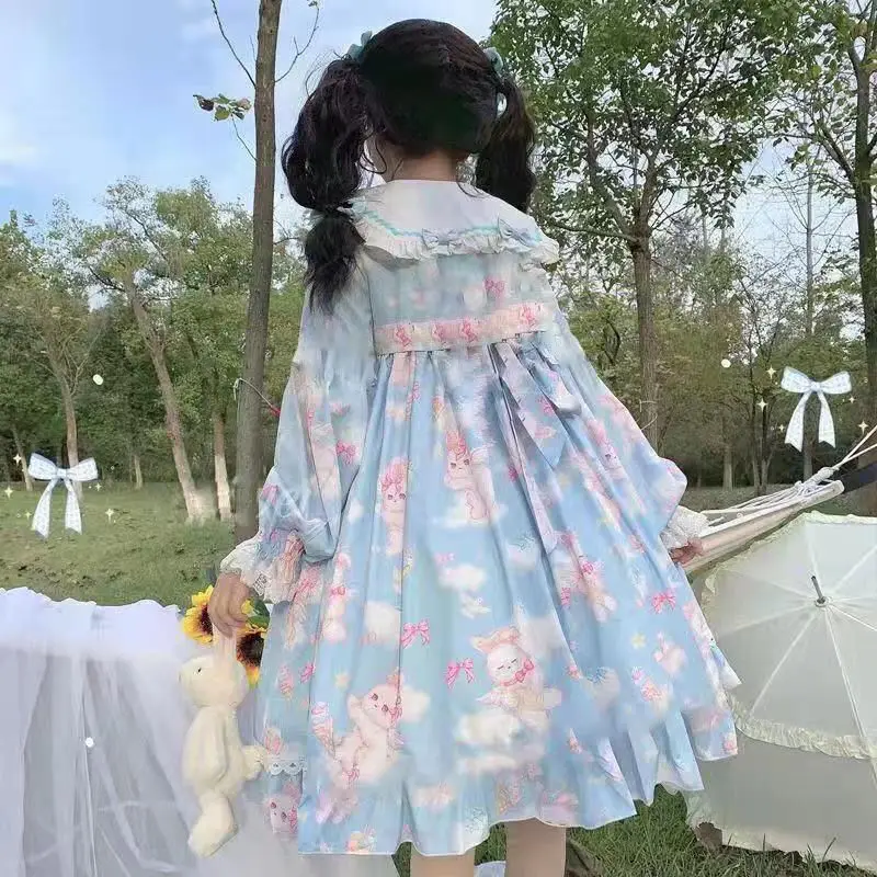 KOSAHIKI New Kawaii Japanese Lolita Vintage Dress Lamb Printing   Women Soft Girl Style Cute Princess Lace