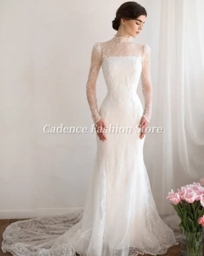 Customized  Long Sleeve Lace High Neck Mermaid Wedding Dress 2025  Lace Applique Elegant Floor-length Bridal Gowns