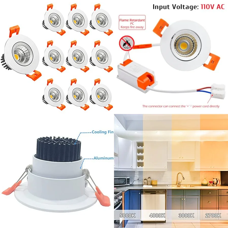 

2inch LED Dimmable Downlight, 3W COB Recessed Ceiling Light, 2700K, CRI80, 25W 220LM Halogen Bulbs Equivalent, White