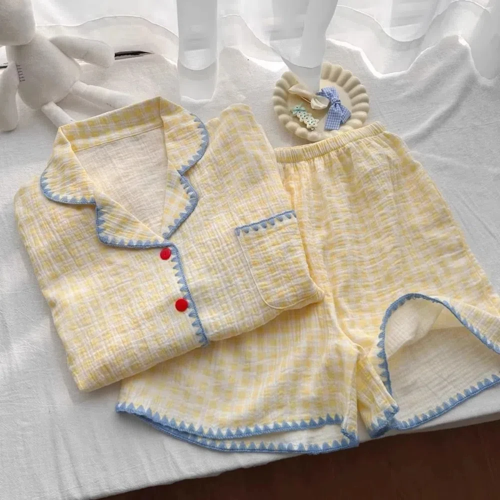 

Comfortable Sweet Plaid Pajamas Set Summer Thin Loose Short Sleeve Pajamas Home Wear Lattice Shorts Sleepwear Suit Women