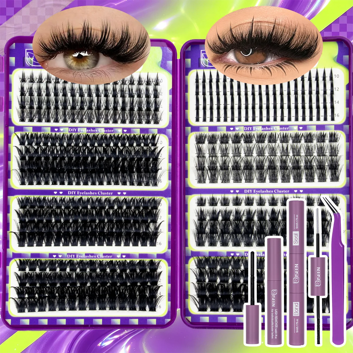 Wimpernbüschel-Set, Einzelwimpern-Verlängerungsset, Wispy Wimpernbüschel mit Wimpernkleber und Versiegelungsmittel sowie Pinzetten, verschiedene Stile – Detail 3