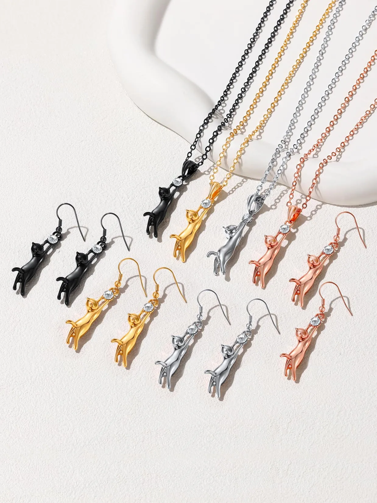 U7 Cat Necklace Earring Set for Woman 14K Gold Color Cute Pet Cat Chasing Ball CZ Jewelry Set for Her Gift for Cat Person