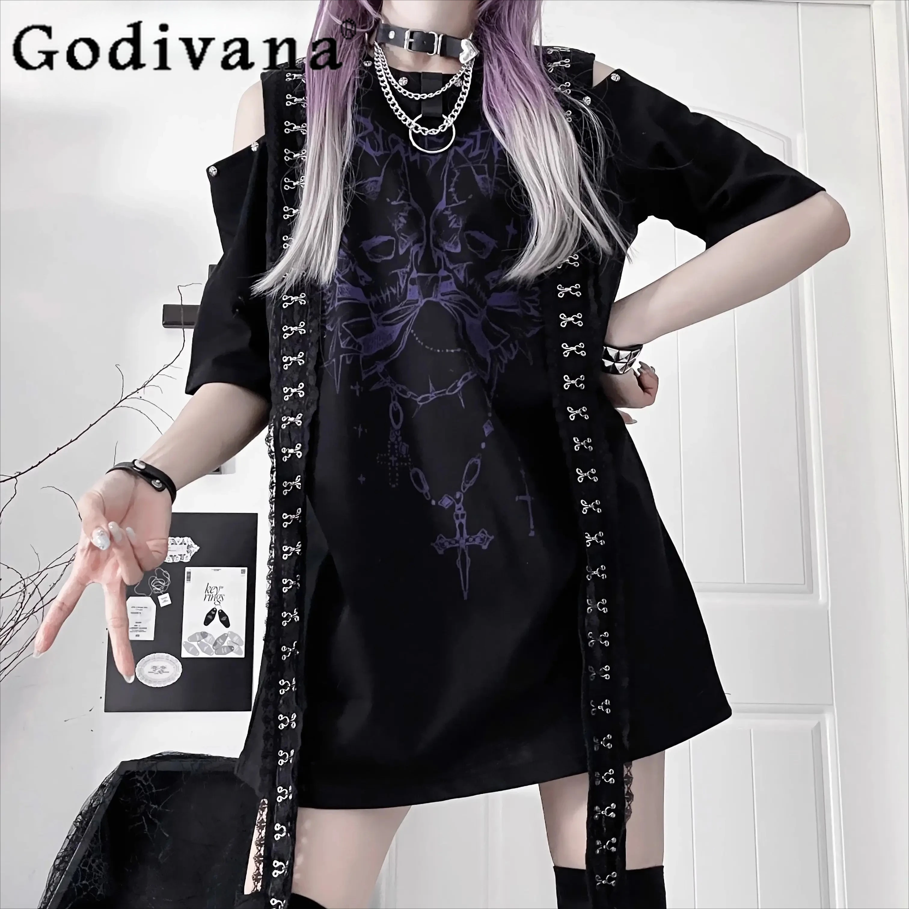 

Summer Subculture Harajuku Aesthetic Black Short Sleeve T-shirt Girl's Women's Oversize Hand-painted Print Off-shoulder T-shirt