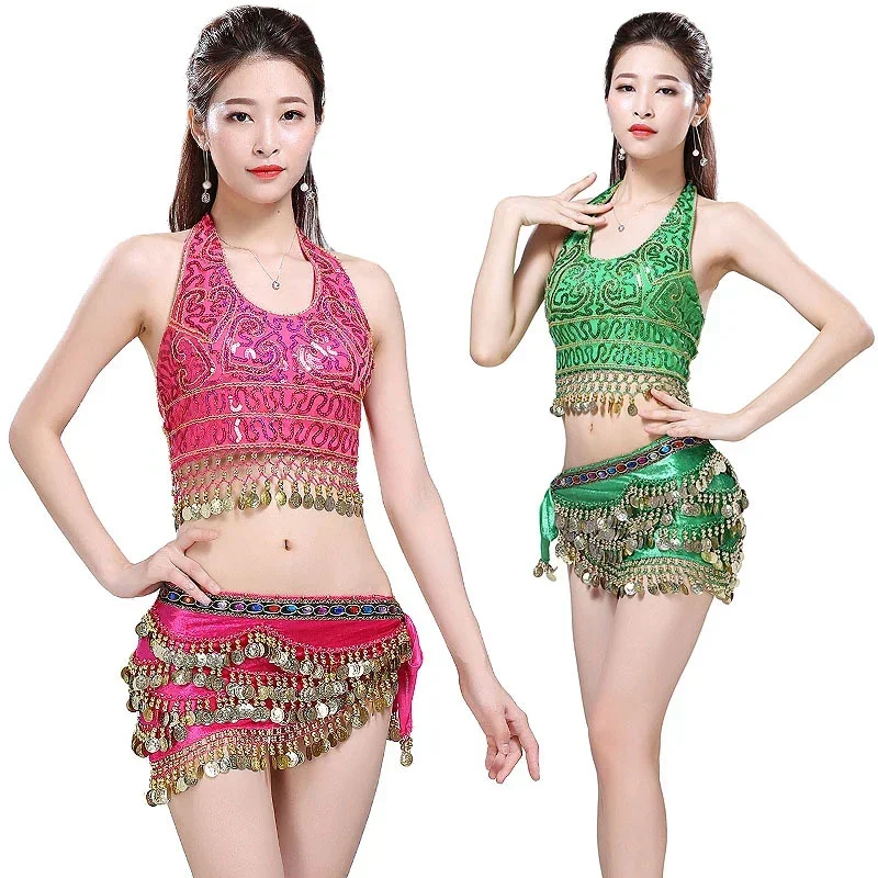 Oriental India Dancing Clothes For Women Adult Belly Dance Coin Tassel Costume Top+Belt Stage Performance Dance Wear 9 Colors