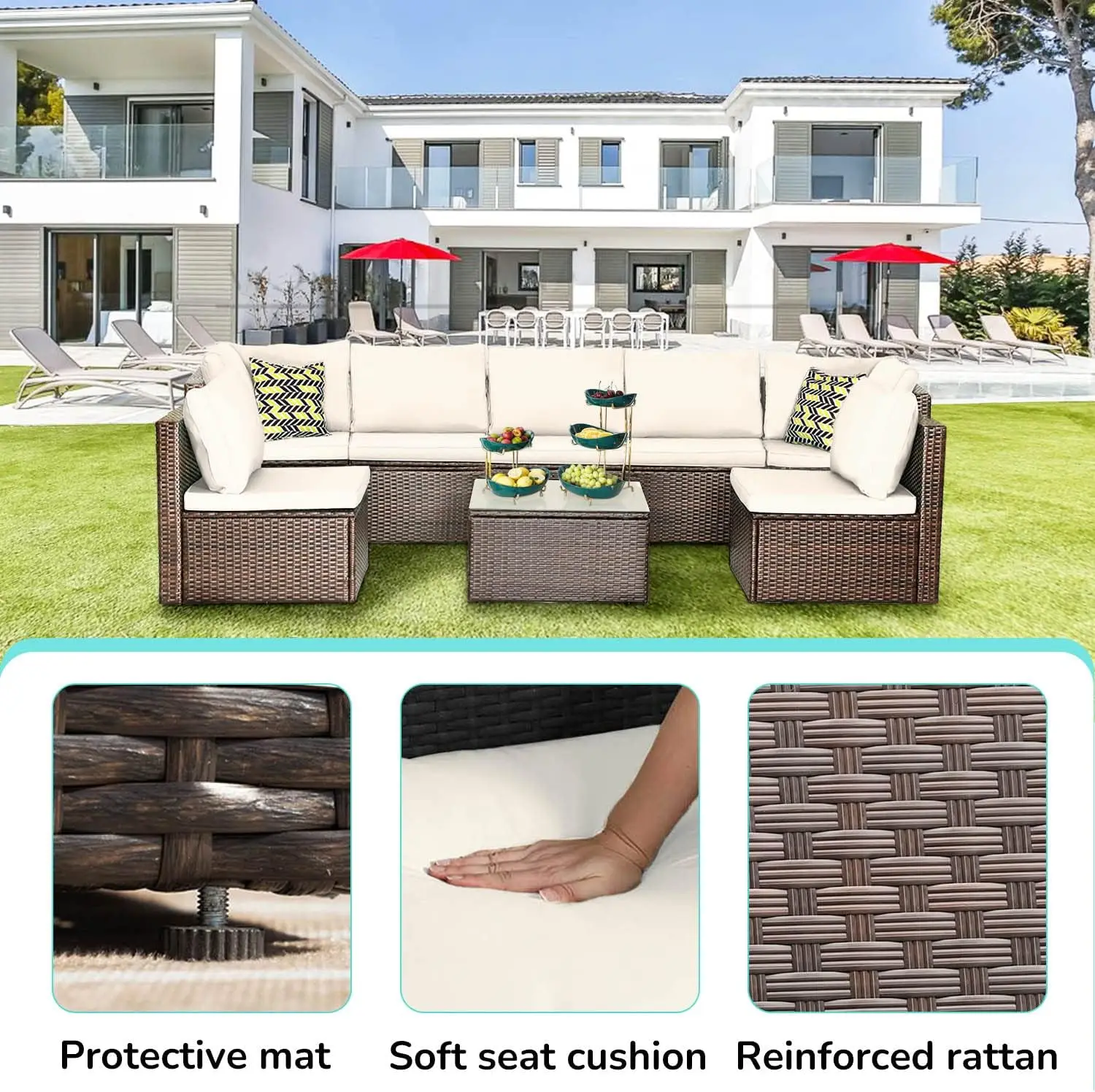 Set furnitur teras luar ruangan Set Sofa anyaman rotan meja kopi bantal Khaki Untuk teras halaman belakang