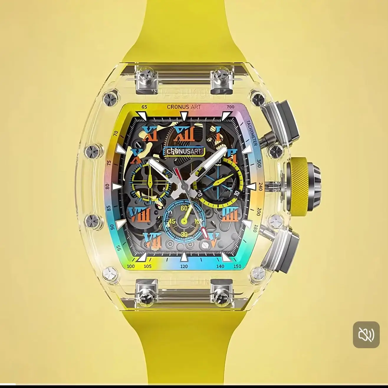 CRONUSART Men Chronograph Watch 50mm Tonneau Automatic Mechanical Wristwatch Sapphire Case & Mirror Luminous Skeleton FKM Strap