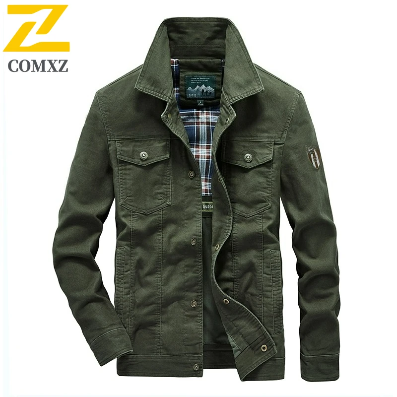 

COMXZ Premium Men Cotton Jacket New Fashion Notch Collar Hiking Travel Windproof Coat American Style Lightweight Autumn Garment