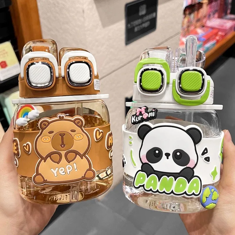 760ml High Beauty Panda Plastic Cup Cute Cartoon Capybara Water Bottle Large Capacity New Doube Drinking Water Cup Kid Xmas Gift