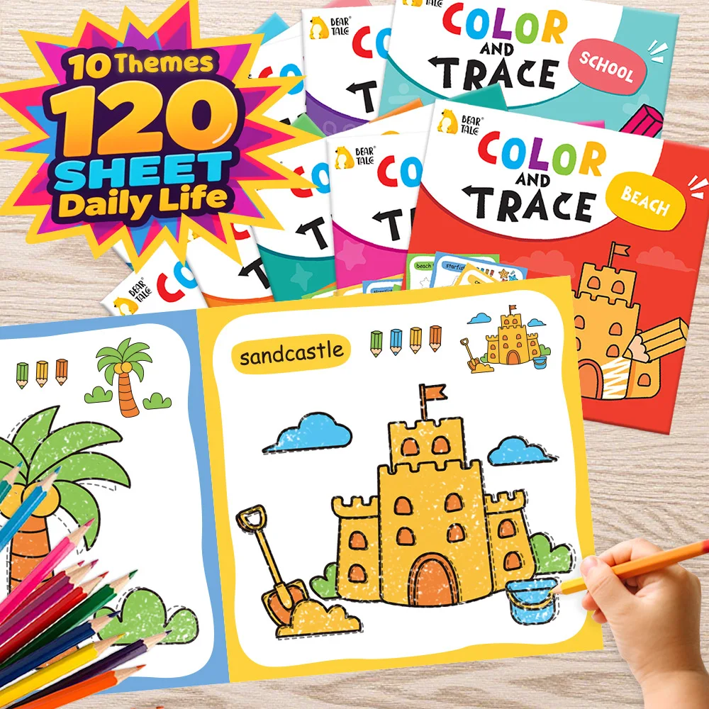 10 Book Set, Children's Coloring Book To Enhance Cognitive Thinking, Including 10 Cartoon Themes for Boys and Girls