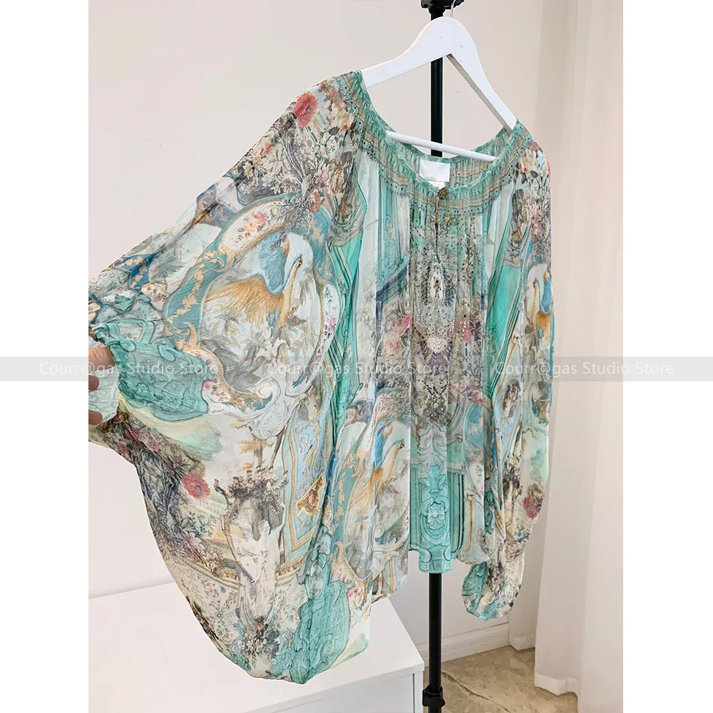 2024 Summer New Resort Style Silk Diamonds Mint Green Blouse Bat Sleeve Loose Top