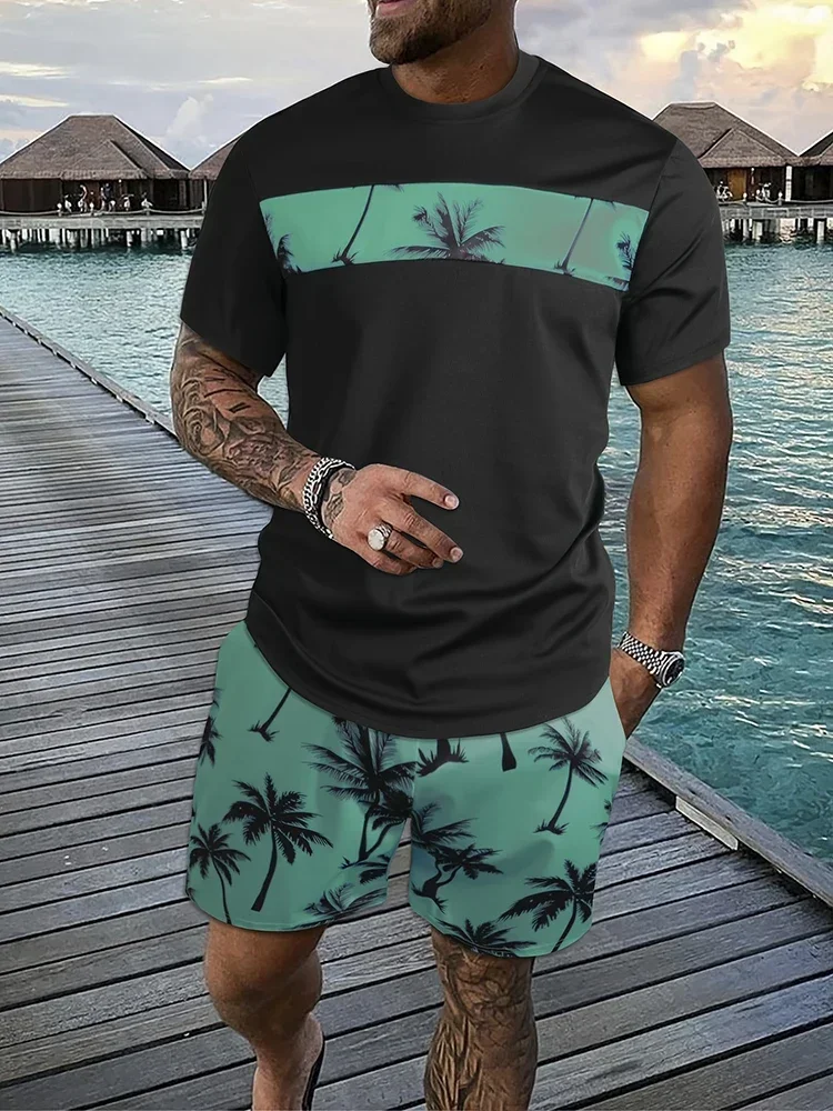 Heren Zomer Tropische Kokospalm Print Grafisch Korte Broek Met Korte Mouwen, Zomer Heren T-Shirt Met Ronde Hals En Korte Set Met Trekkoord