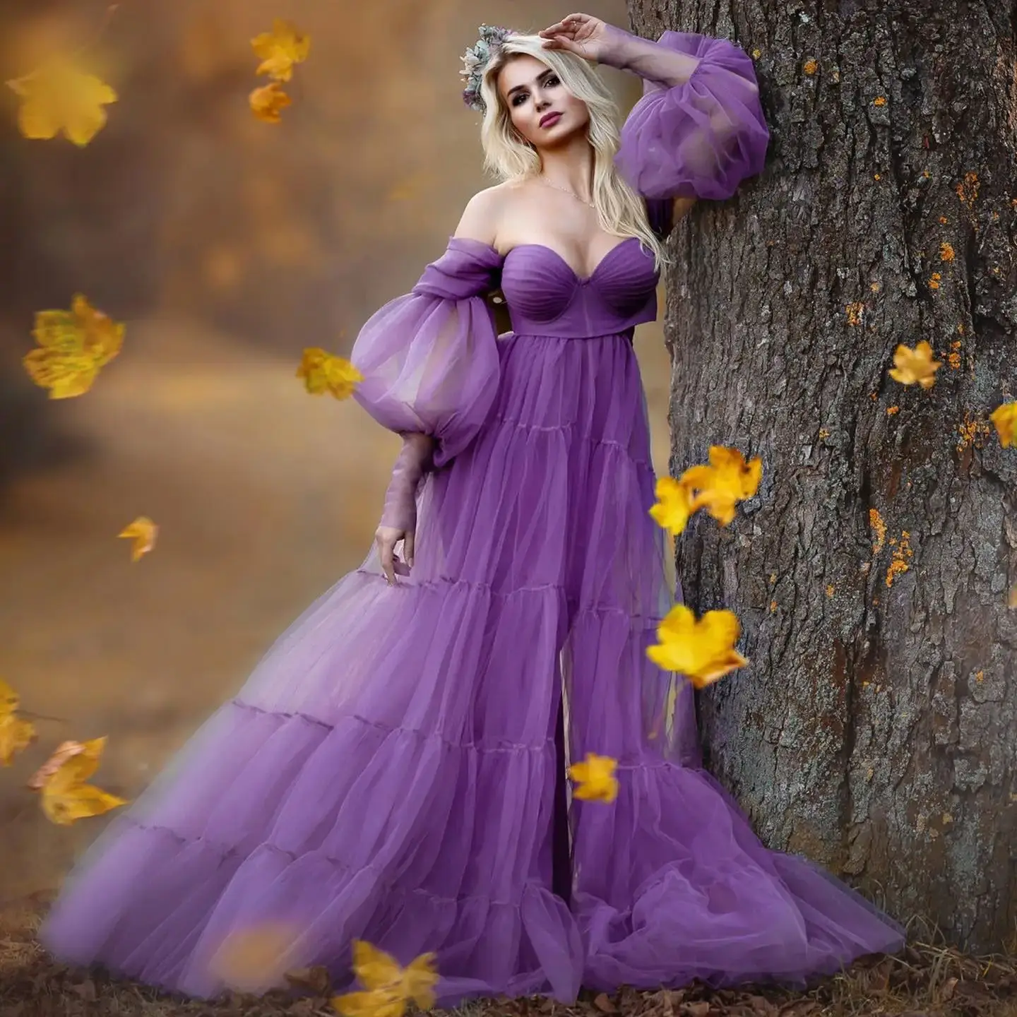 

Glamorous Purple Women Prom Dresses Off Shoulder Long Sleeves Maternity Photography Robes Sexy Sweep Train Baby Shower Gowns