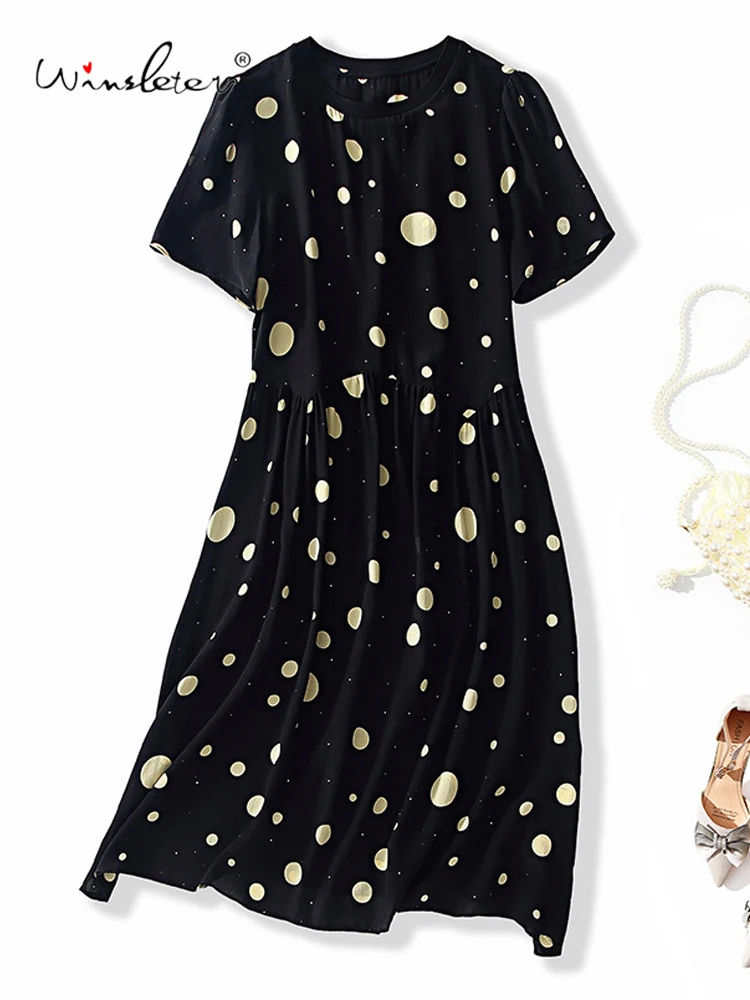 

Winsleter-Women's 100%Real Silk Elegant Dress, Short Sleeve O Neck Dot Print, Retro Commute Mini Dresses, 2025 Summer D57107CC