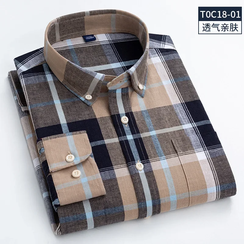 

The latest men's fashion 100% cotton matte shirt with long sleeves, regular pattern, checkered stripe style, casual shirt