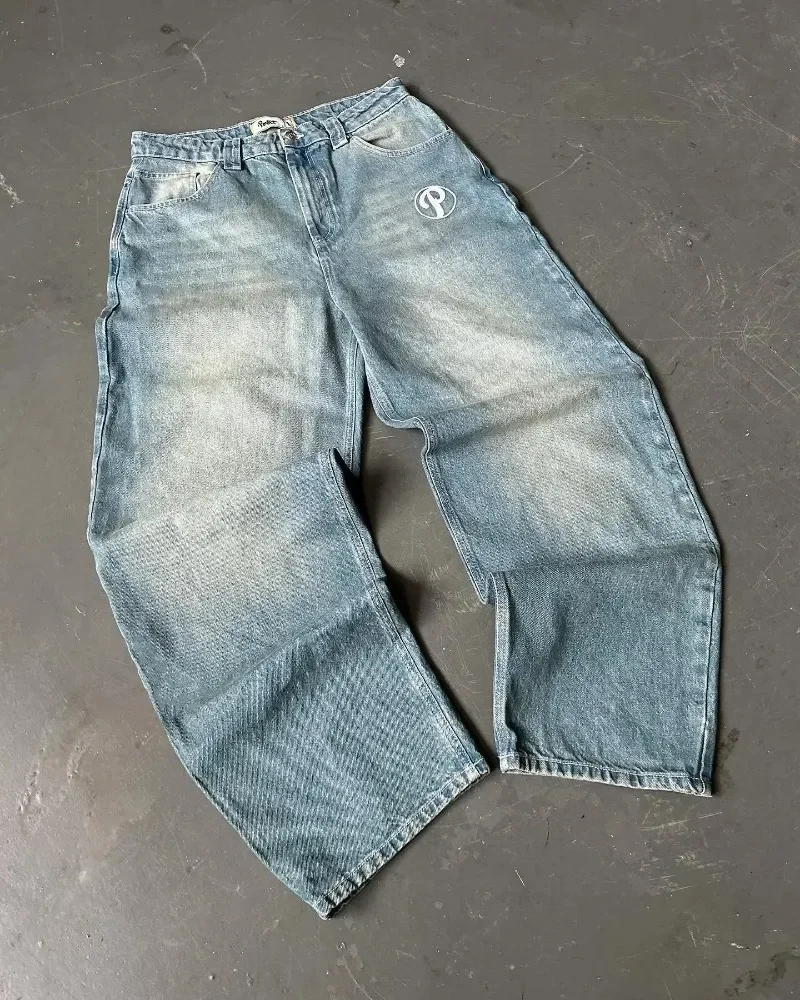 Vintage blaue Baggy Jeans y2k schützen Streetwear Hip Hop Jeans Herren Hosen Harajuku Briefs tickerei hohe Taille weites Bein Hose