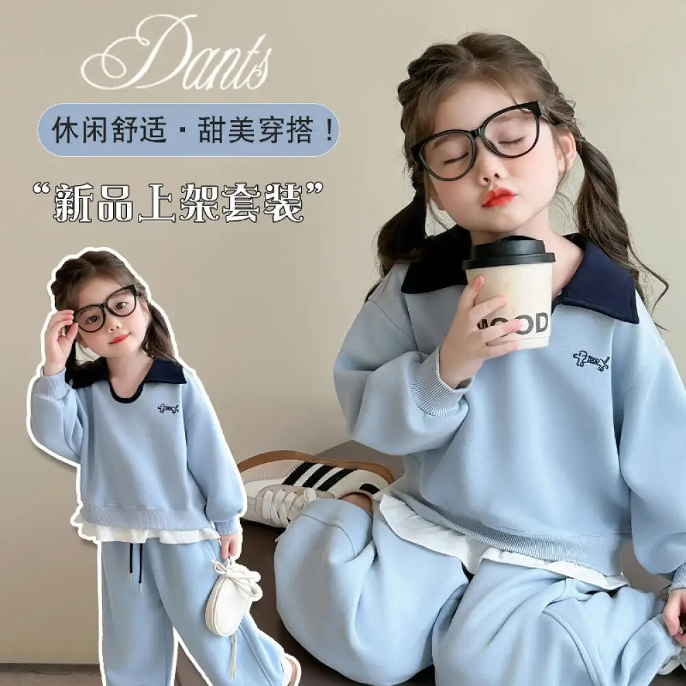 

Kawaii Girl Fashion Lapel Sports Shirt Tops Pants Set Student Autumn Casual Sweatshirt Long Pants 2-Piece Set Children Clothing