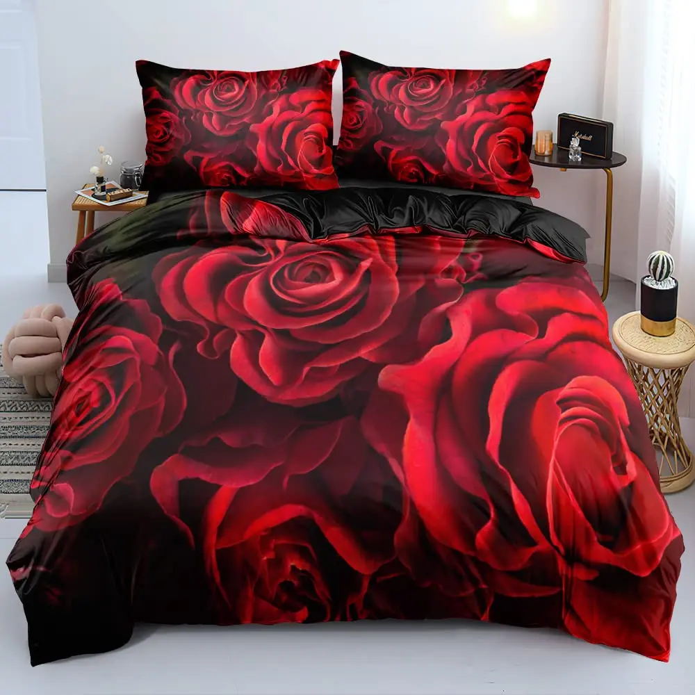 Red Rose Duvet Cover Set - Queen Twin Size, 3D Rose Floral Bedding Set, Modern Romantic Theme Floral Valentine Comforter Cover