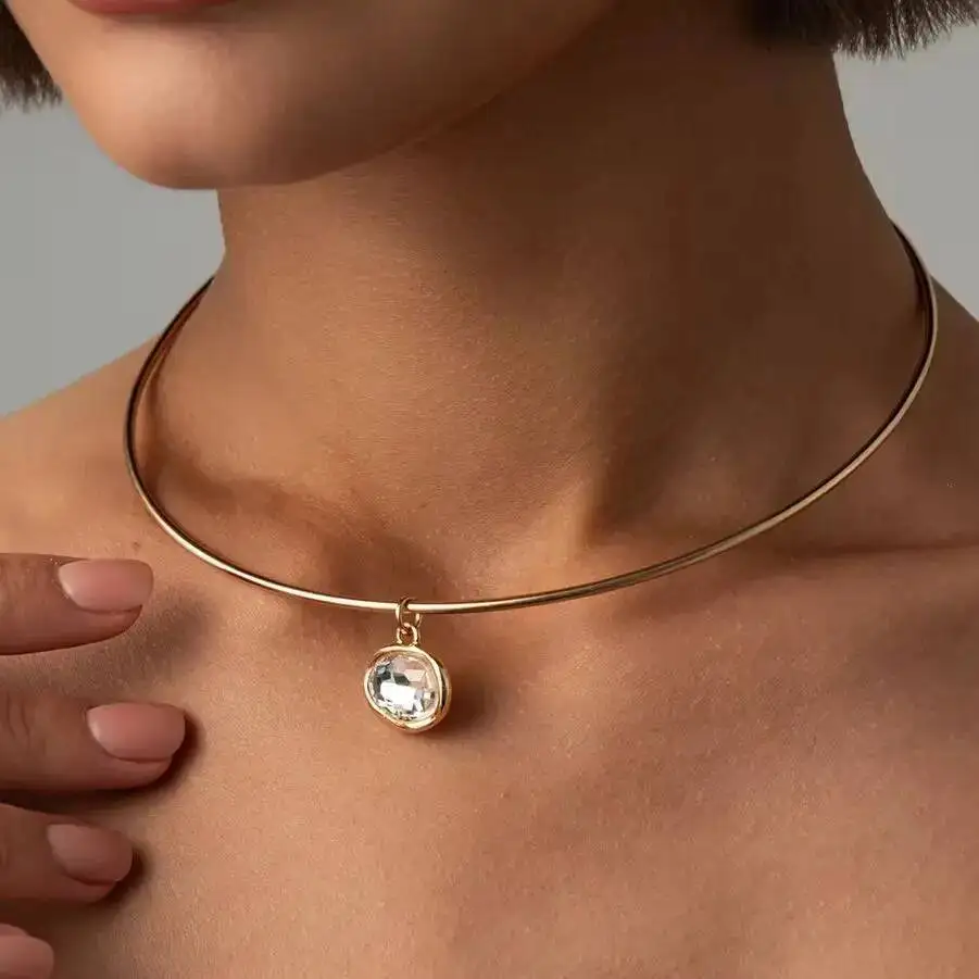 KunJoe 2026 Fashion Geometric Rhinestone Pendant Short Choker Necklace Women Simple Metal Adjustable Clavicle Chain Jewelry Gift